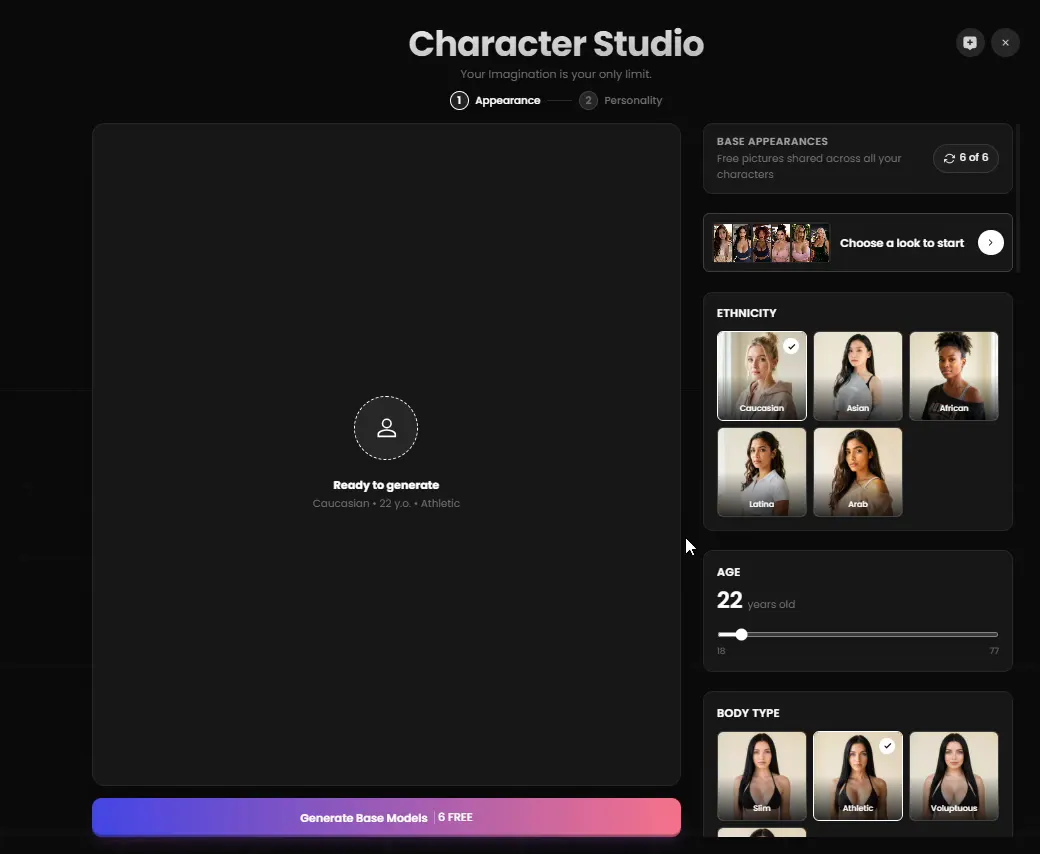Appearance step of Candy AI's Character Studio in October 2026: ethnicity, age 22, body type and the Generate Base Models button with 6 free