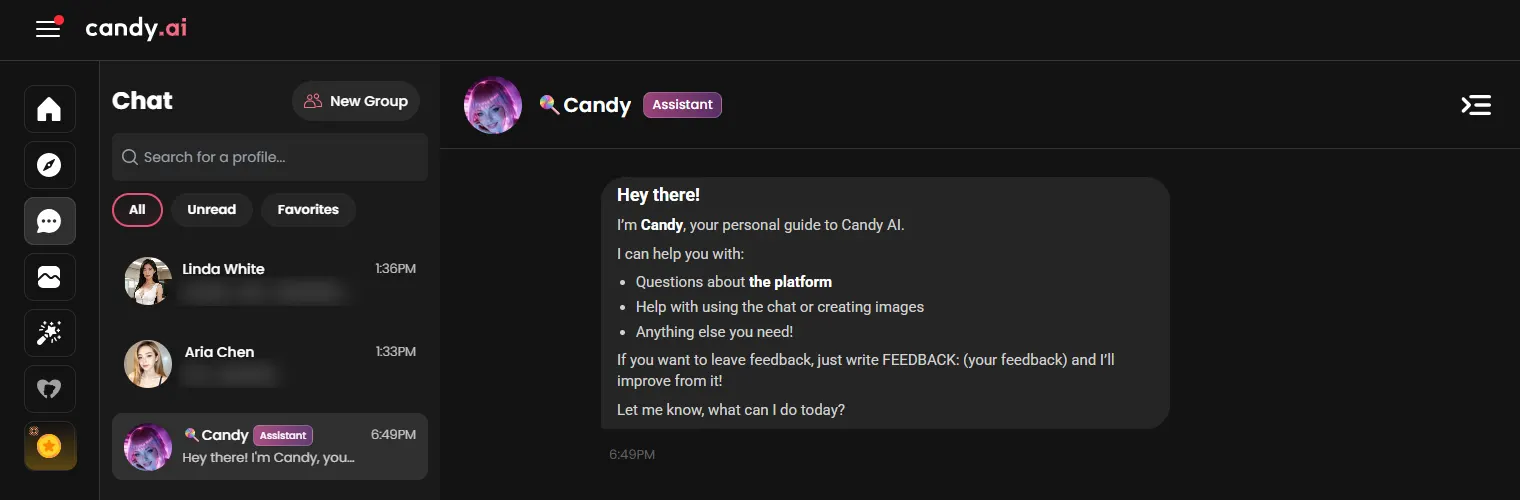 Chat list on my paid Candy AI account: one thread each for Linda White and Aria Chen, the Candy Assistant guide and the New Group button; message previews blurred