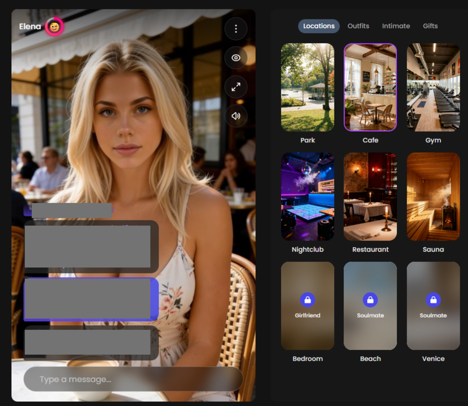 Candy AI Romance mode screenshot showing the AI girlfriend chat interface (explicit imagery blurred)