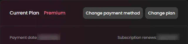 Candy AI Settings, Current Plan card: Premium, with Change payment method and Change plan, the payment date and the renewal date