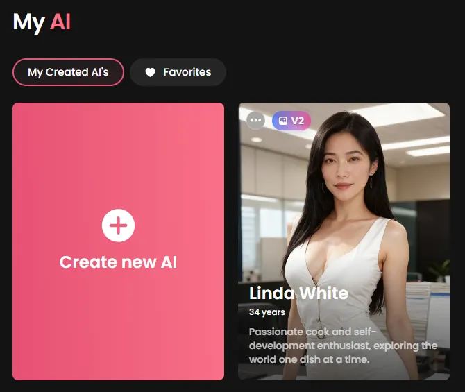 My AI page on a paid Candy AI account: a Create new AI tile next to a custom character, Linda White, 34