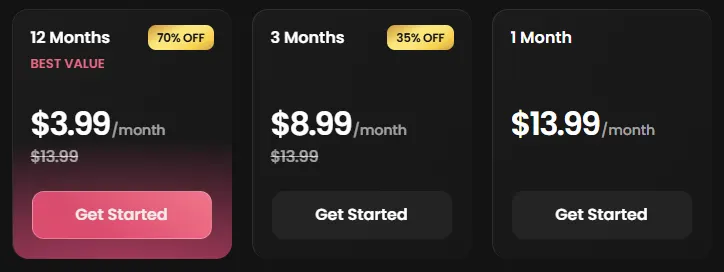 The three Candy AI Premium plans on the US plan page: 12 months at $3.99 a month, 3 months at $8.99 a month, 1 month at $13.99