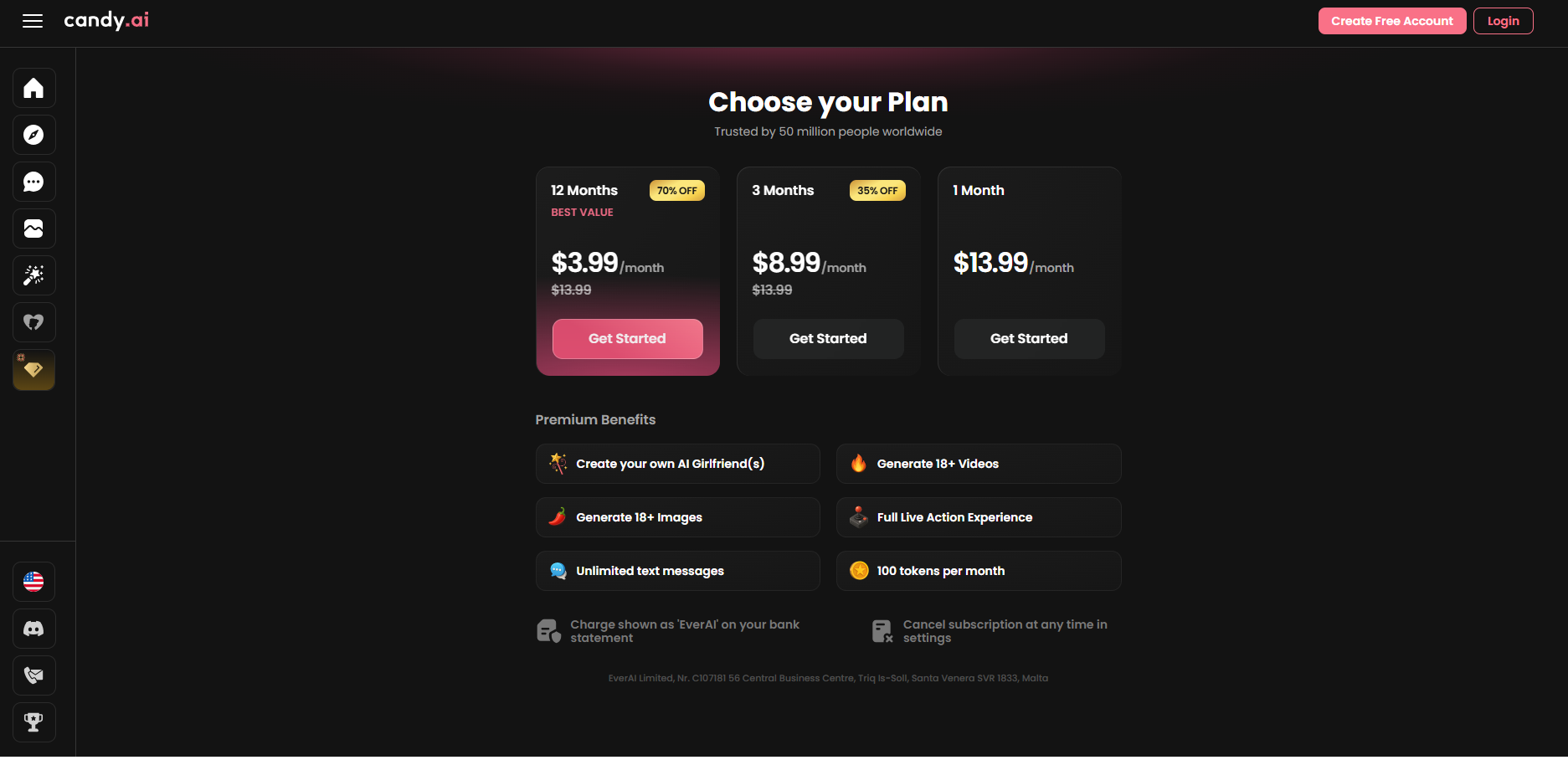 Candy AI subscription page on the US site — Premium tier without Premium Plus option
