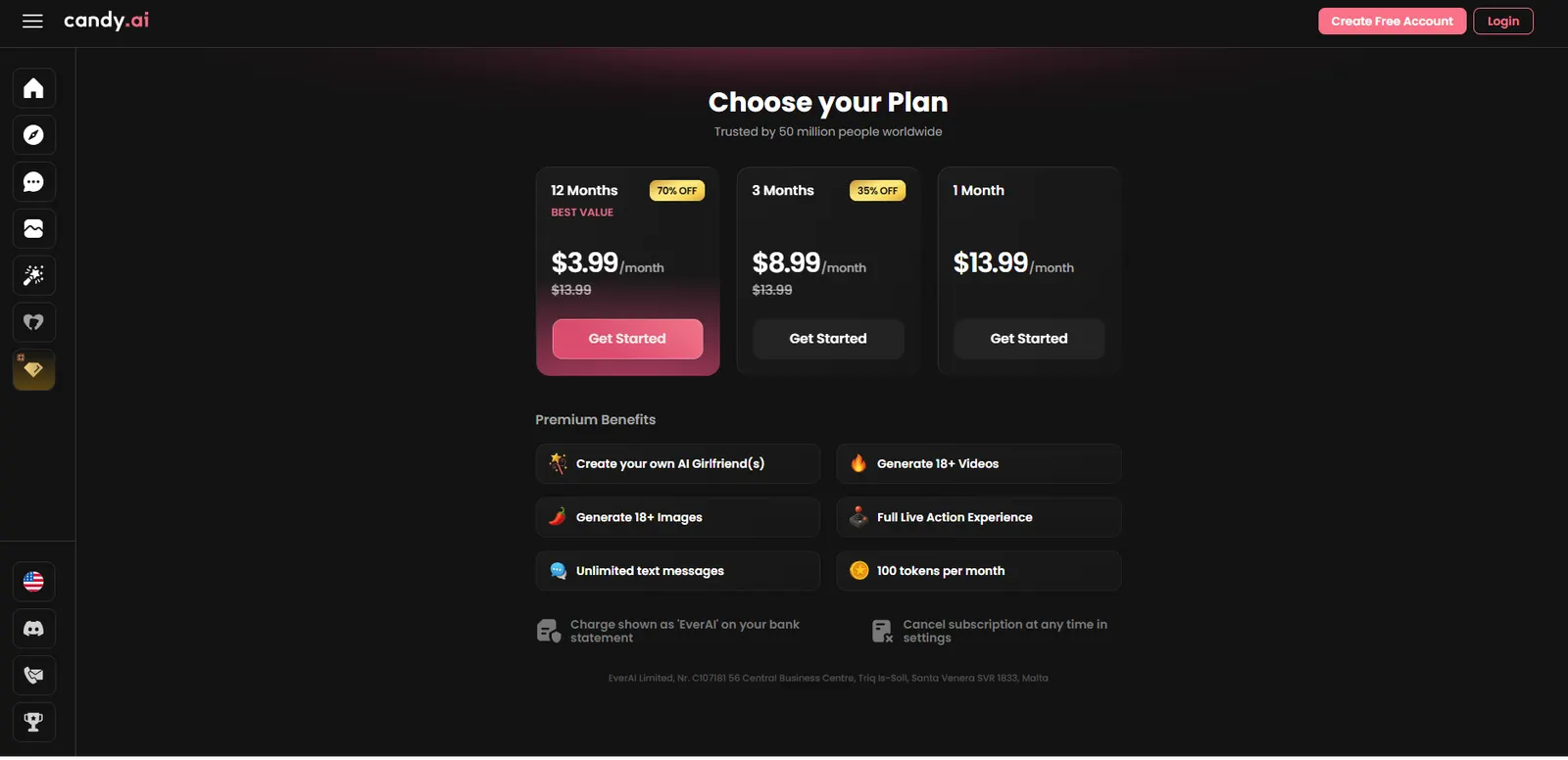 Candy AI plan page in US dollars: Premium at $3.99, $8.99 or $13.99 a month depending on the billing term