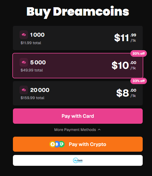 OurDream AI DreamCoin top-up packs: 1,000 for $11.99, 5,000 for $49.99, 20,000 for $159.99.