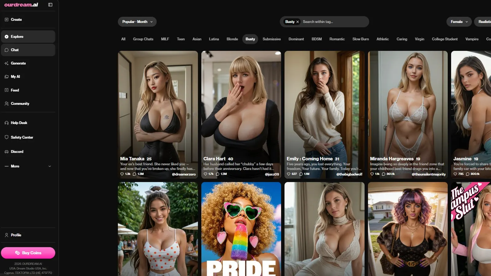 OurDream AI homepage in the US: the character catalogue a Premium or Deluxe subscriber chats with