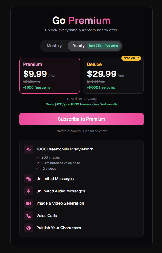 OurDream AI annual pricing: Premium at $9.99 a month and Deluxe at $29.99 a month.