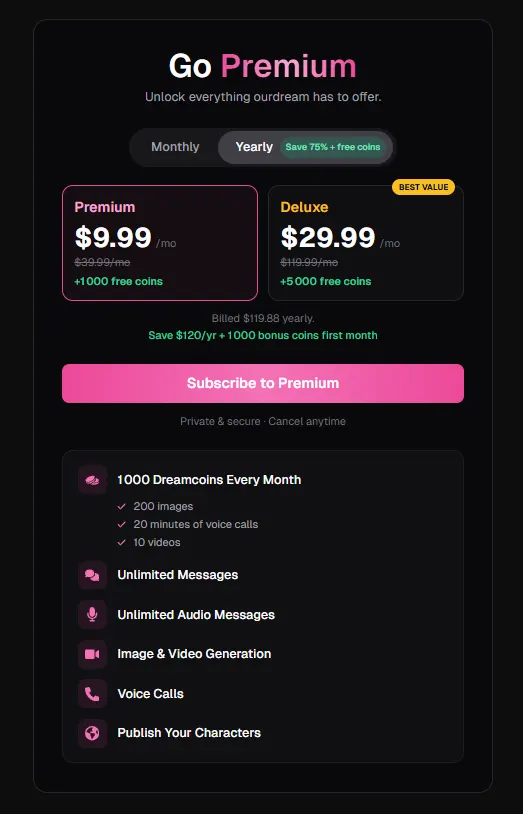 OurDream AI yearly plans on the upgrade page: Premium at $9.99 a month and Deluxe at $29.99 a month, billed annually